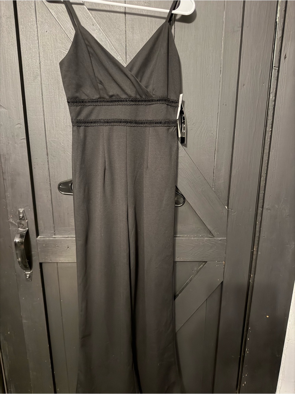 Trixxi Black Spaghetti Strap V-Neck Wide-Leg Jumpsuit with Lace Waistband